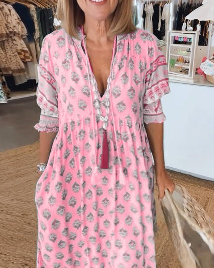 Women's Flowing Summer Dress, V-Neck in an All-Over Floral