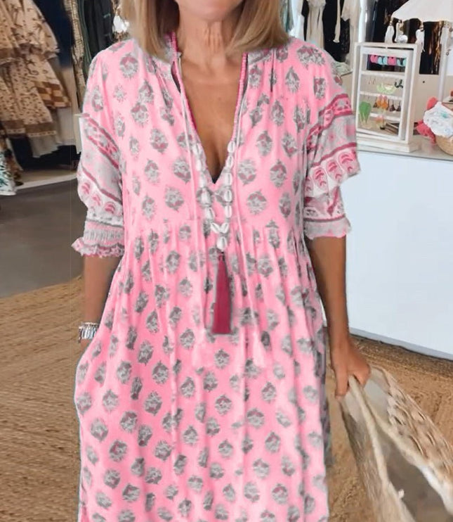 Women's Flowing Summer Dress, V-Neck in an All-Over Floral