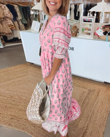 Women's Flowing Summer Dress, V-Neck in an All-Over Floral