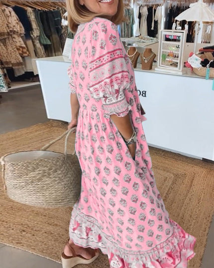 Women's Flowing Summer Dress, V-Neck in an All-Over Floral