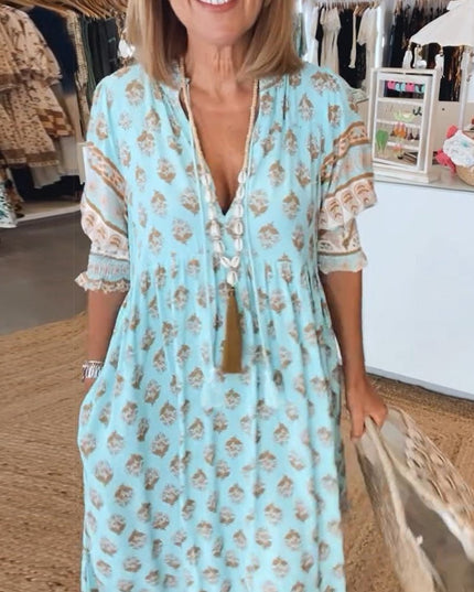 Women's Flowing Summer Dress, V-Neck in an All-Over Floral
