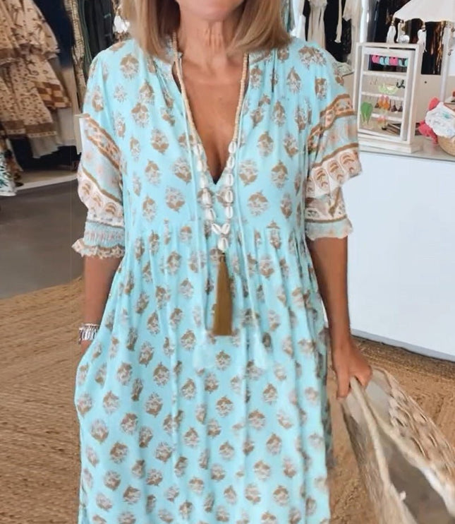 Women's Flowing Summer Dress, V-Neck in an All-Over Floral