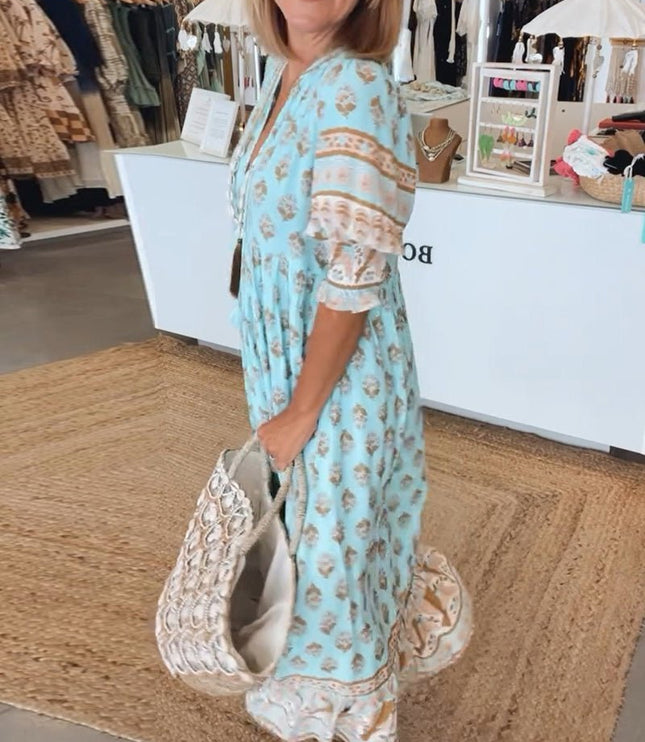 Women's Flowing Summer Dress, V-Neck in an All-Over Floral