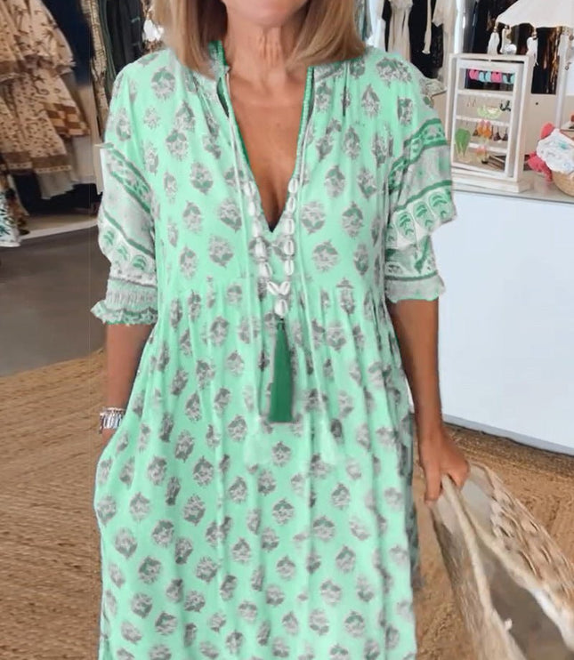 Women's Flowing Summer Dress, V-Neck in an All-Over Floral