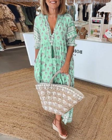 Women's Flowing Summer Dress, V-Neck in an All-Over Floral