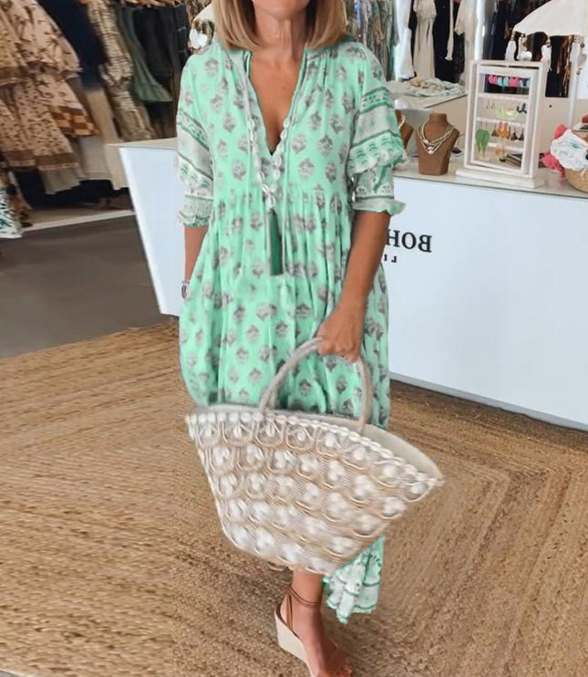 Women's Flowing Summer Dress, V-Neck in an All-Over Floral