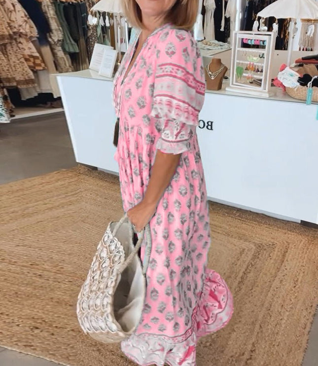 Women's Flowing Summer Dress, V-Neck in an All-Over Floral