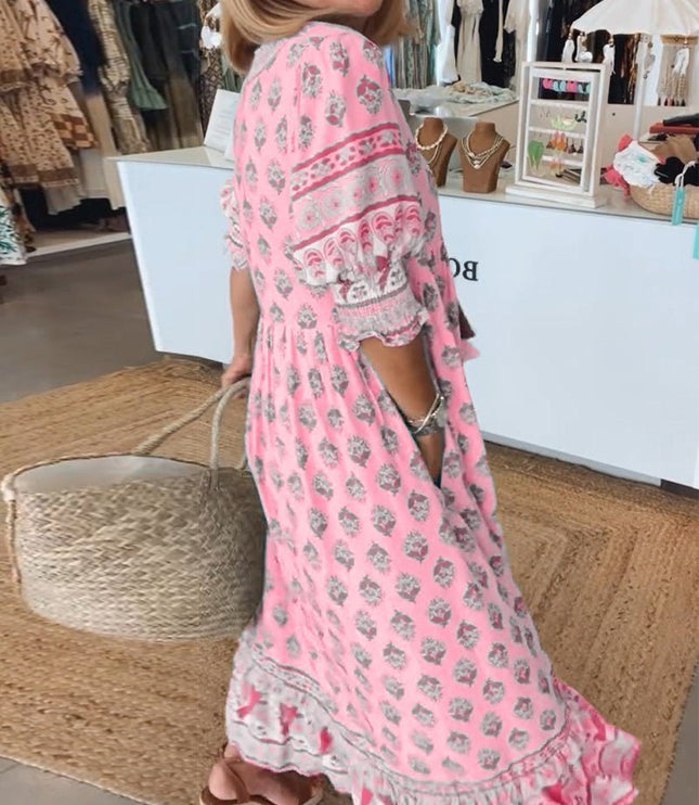 Women's Flowing Summer Dress, V-Neck in an All-Over Floral