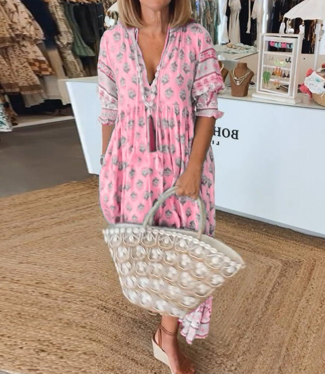 Women's Flowing Summer Dress, V-Neck in an All-Over Floral