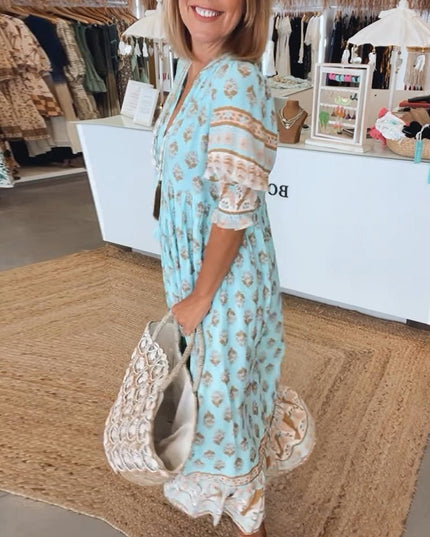Women's Flowing Summer Dress, V-Neck in an All-Over Floral