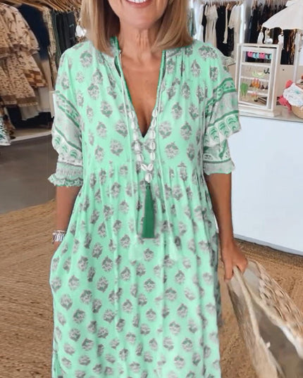 Women's Flowing Summer Dress, V-Neck in an All-Over Floral