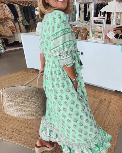 Women's Flowing Summer Dress, V-Neck in an All-Over Floral