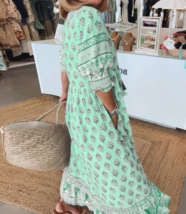 Women's Flowing Summer Dress, V-Neck in an All-Over Floral