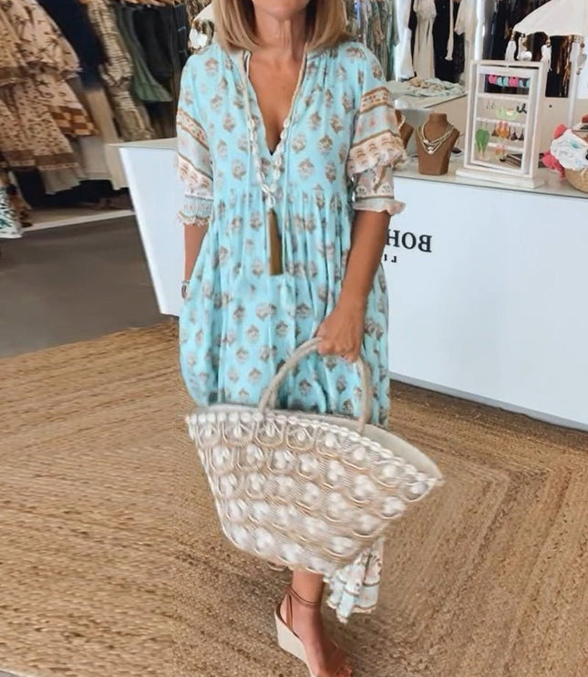 Women's Flowing Summer Dress, V-Neck in an All-Over Floral