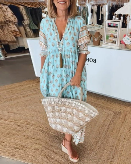 Women's Flowing Summer Dress, V-Neck in an All-Over Floral
