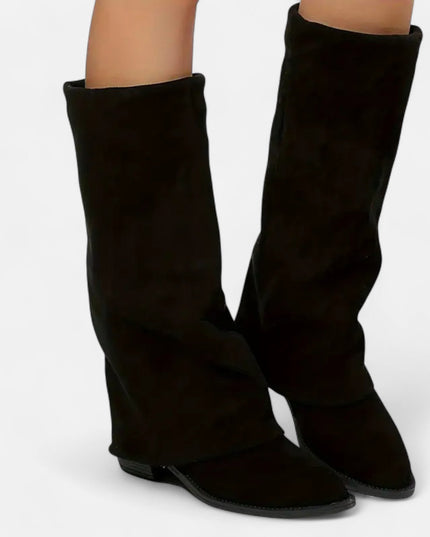 Women's Foldover Suede-Look Knee-High Boots with Flat Heel