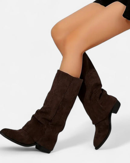Women's Foldover Suede-Look Knee-High Boots with Flat Heel