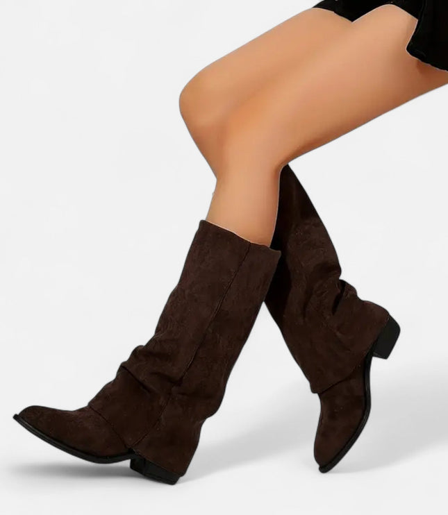 Women's Foldover Suede-Look Knee-High Boots with Flat Heel