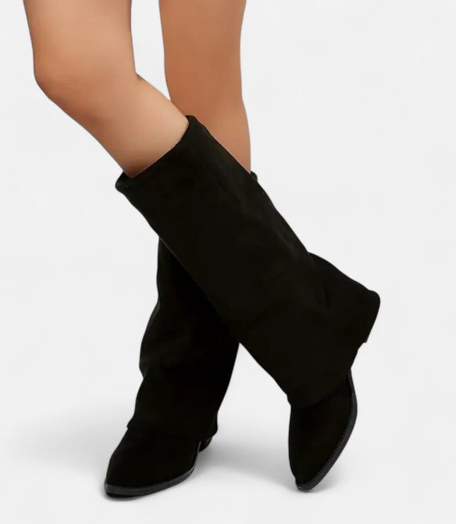 Women's Foldover Suede-Look Knee-High Boots with Flat Heel