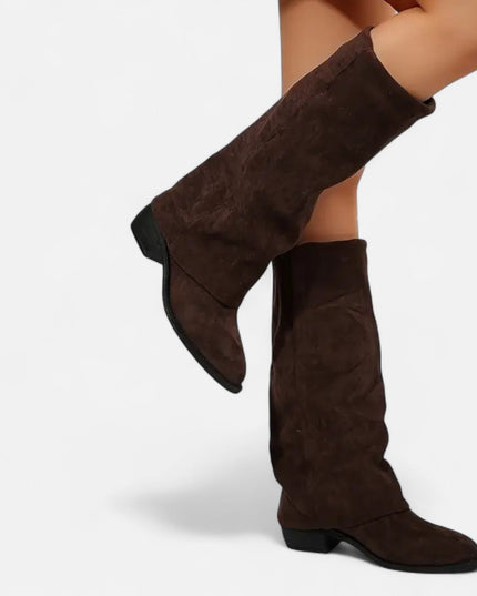 Women's Foldover Suede-Look Knee-High Boots with Flat Heel