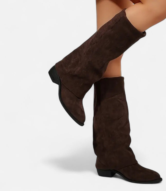 Women's Foldover Suede-Look Knee-High Boots with Flat Heel