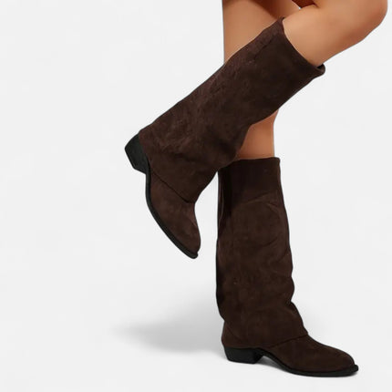 Women's Foldover Suede-Look Knee-High Boots with Flat Heel