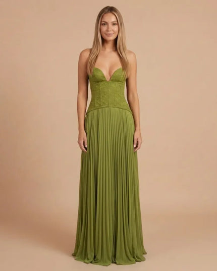 Green maxi formal dress with sweetheart neckline, pleated skirt, and fitted bodice