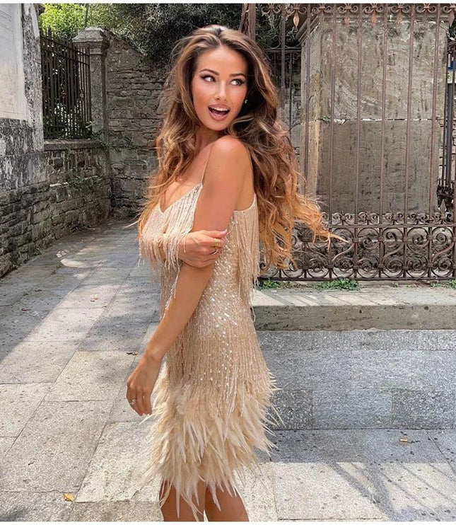 Women's Fringe Flapper Dress with a Feathered Hem