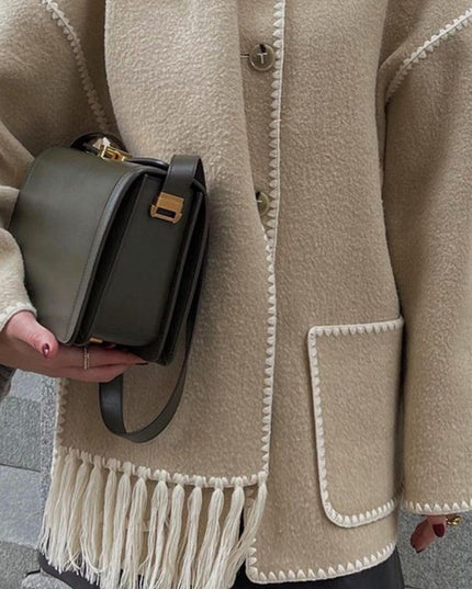 Women's Fringed Cape Coat with Contrast Stitching