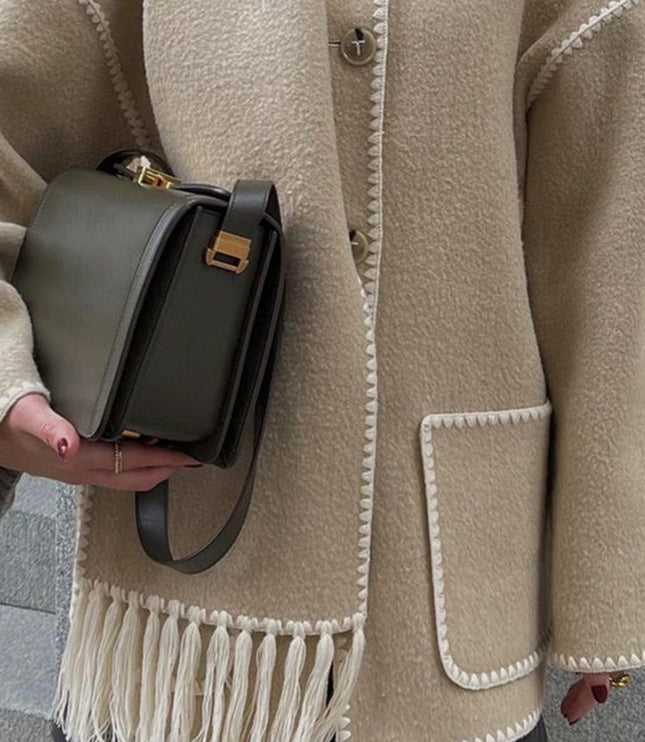 Women's Fringed Cape Coat with Contrast Stitching