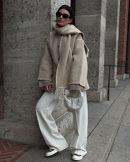 Women's Fringed Cape Coat with Contrast Stitching
