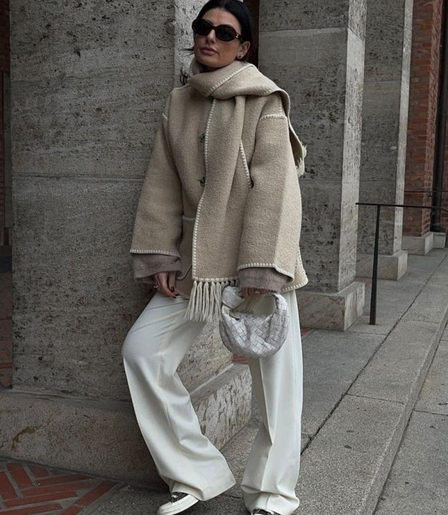 Women's Fringed Cape Coat with Contrast Stitching