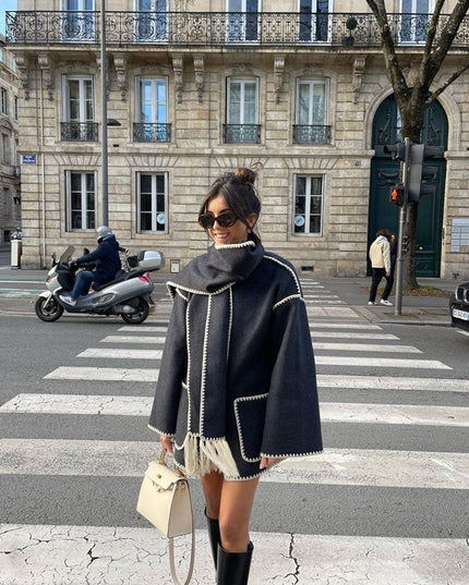 Women's Fringed Cape Coat with Contrast Stitching