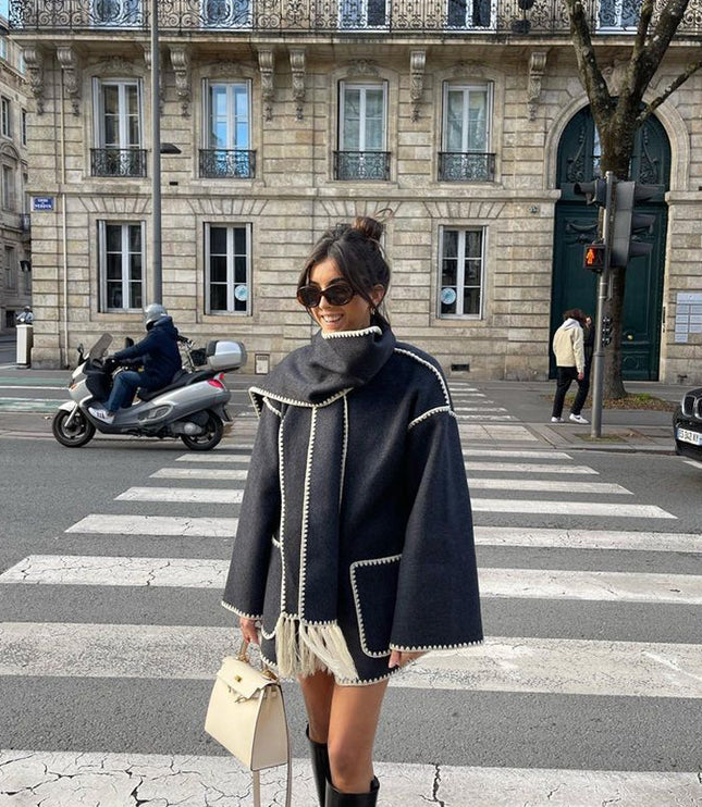 Women's Fringed Cape Coat with Contrast Stitching