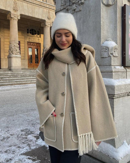Women's Fringed Cape Coat with Contrast Stitching