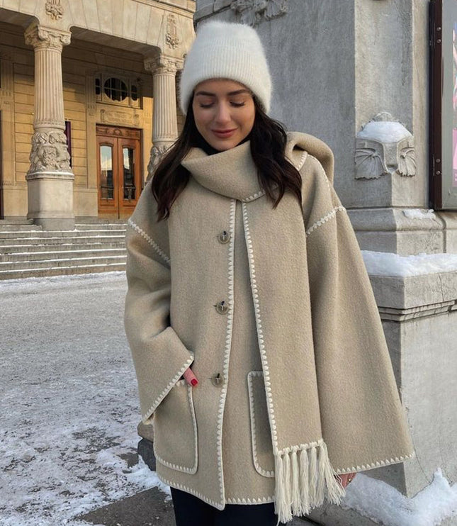 Women's Fringed Cape Coat with Contrast Stitching