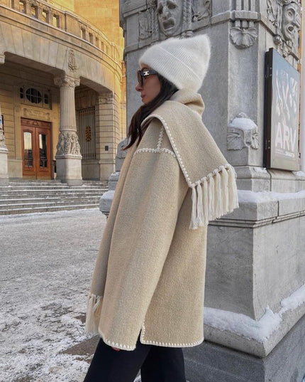 Women's Fringed Cape Coat with Contrast Stitching