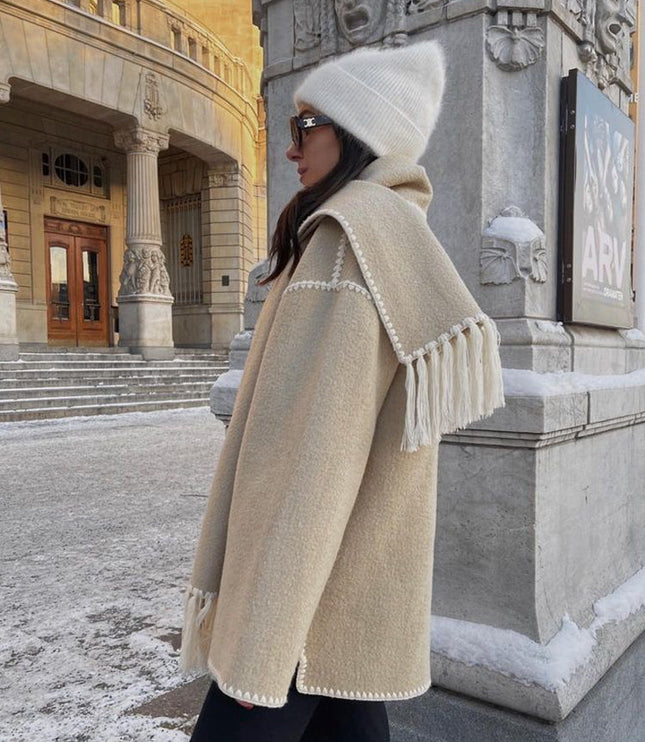 Women's Fringed Cape Coat with Contrast Stitching