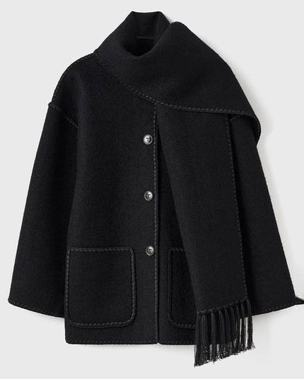Women's Fringed Cape Coat with Contrast Stitching