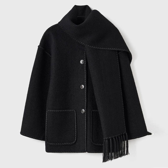 Women's Fringed Cape Coat with Contrast Stitching