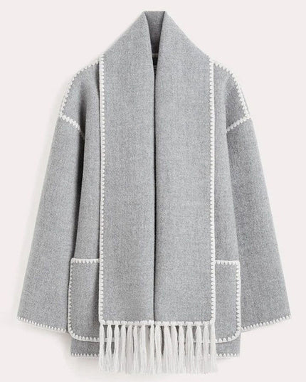 Women's Fringed Cape Coat with Contrast Stitching