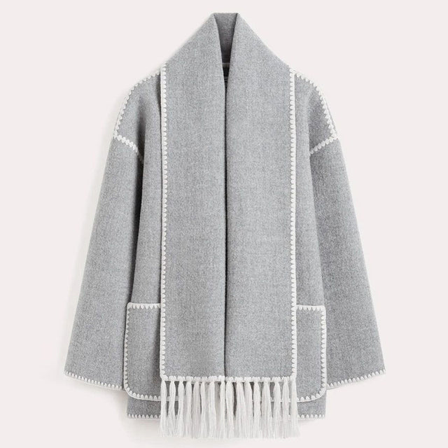 Women's Fringed Cape Coat with Contrast Stitching