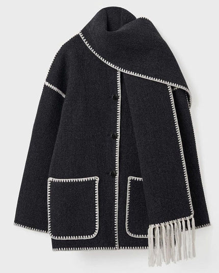 Women's Fringed Cape Coat with Contrast Stitching