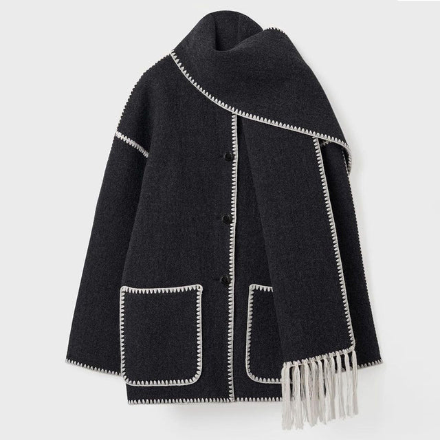 Women's Fringed Cape Coat with Contrast Stitching
