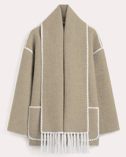 Women's Fringed Cape Coat with Contrast Stitching