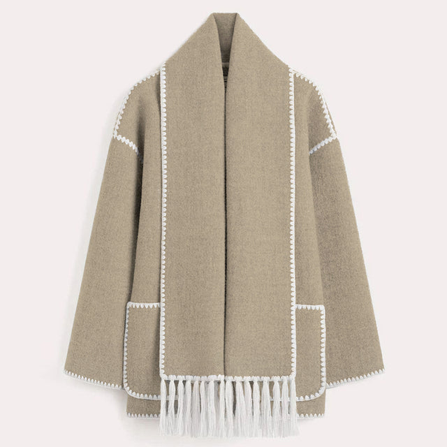 Women's Fringed Cape Coat with Contrast Stitching