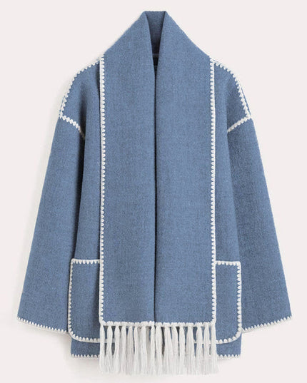 Women's Fringed Cape Coat with Contrast Stitching