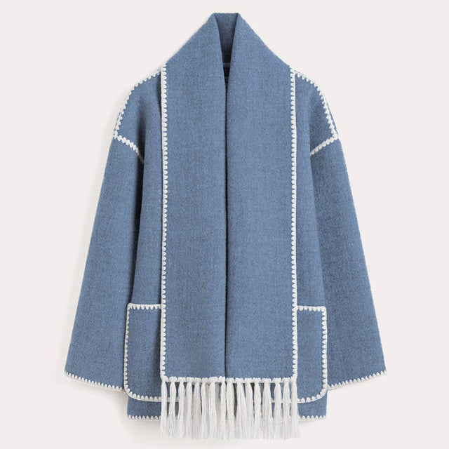 Women's Fringed Cape Coat with Contrast Stitching