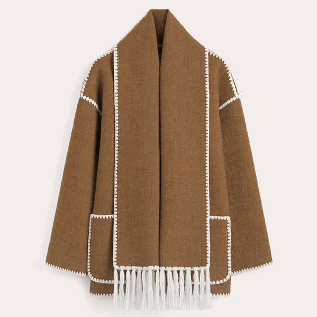 Women's Fringed Cape Coat with Contrast Stitching