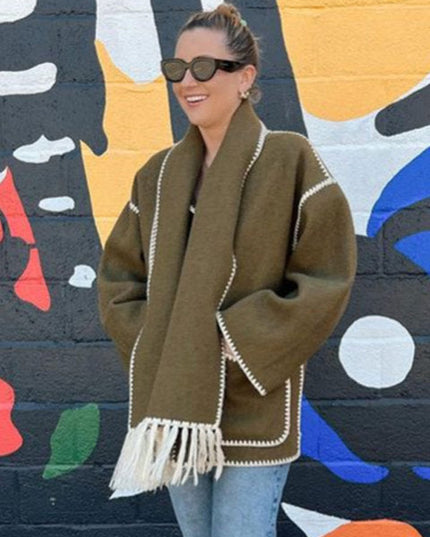 Women's Fringed Cape Coat with Contrast Stitching